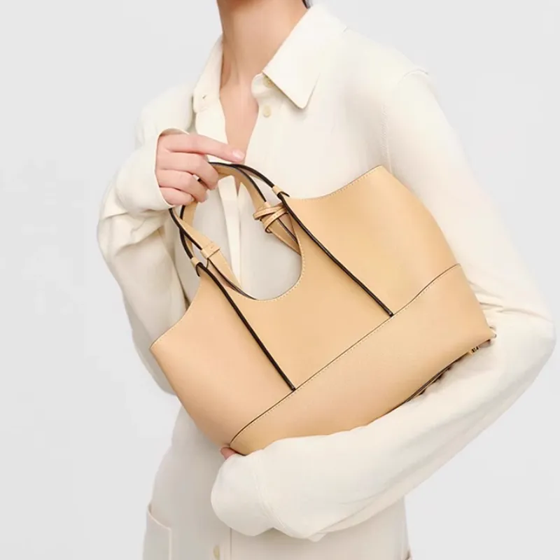 DISSONA Cow Leather Tote Bag, Shopping Bag, Shoulder Bag, Crossbody Bag, Handbag Small Size Women's Apricot-1