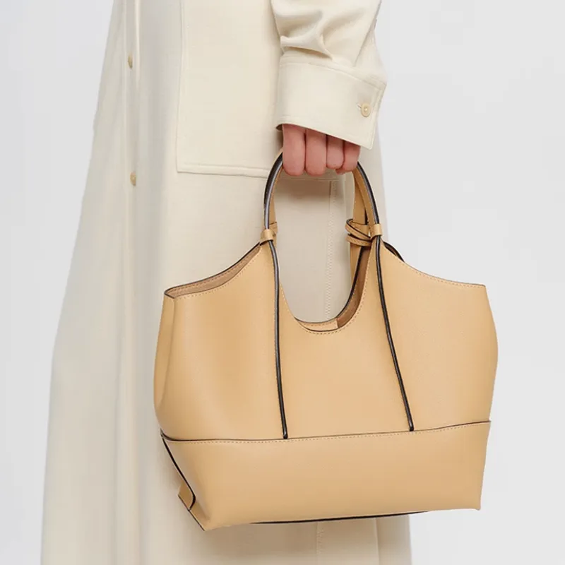 DISSONA Cow Leather Tote Bag, Shopping Bag, Shoulder Bag, Crossbody Bag, Handbag Small Size Women's Apricot-3