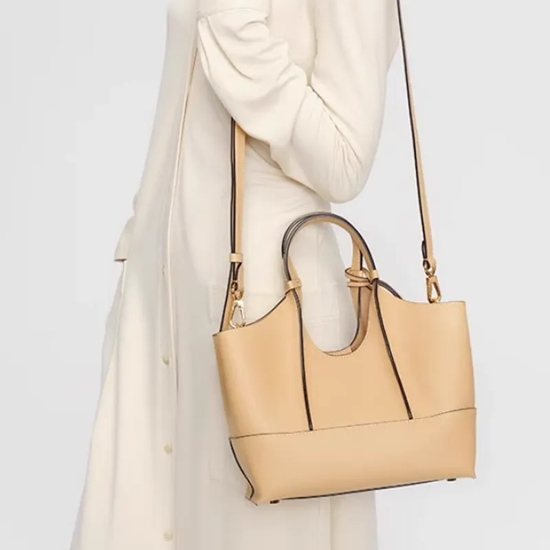 DISSONA Cow Leather Tote Bag, Shopping Bag, Shoulder Bag, Crossbody Bag, Handbag Small Size Women's Apricot-2