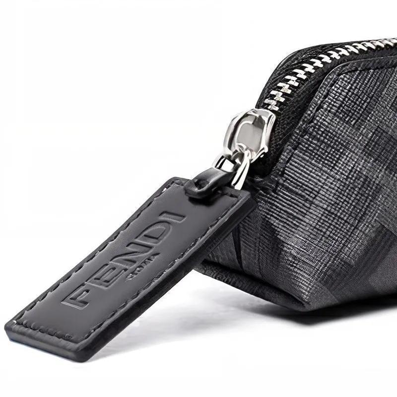 FENDI Coated Canvas With Leather Pen Pouch Stationery Storage Bag Clutch Men's Black Gray Color-4