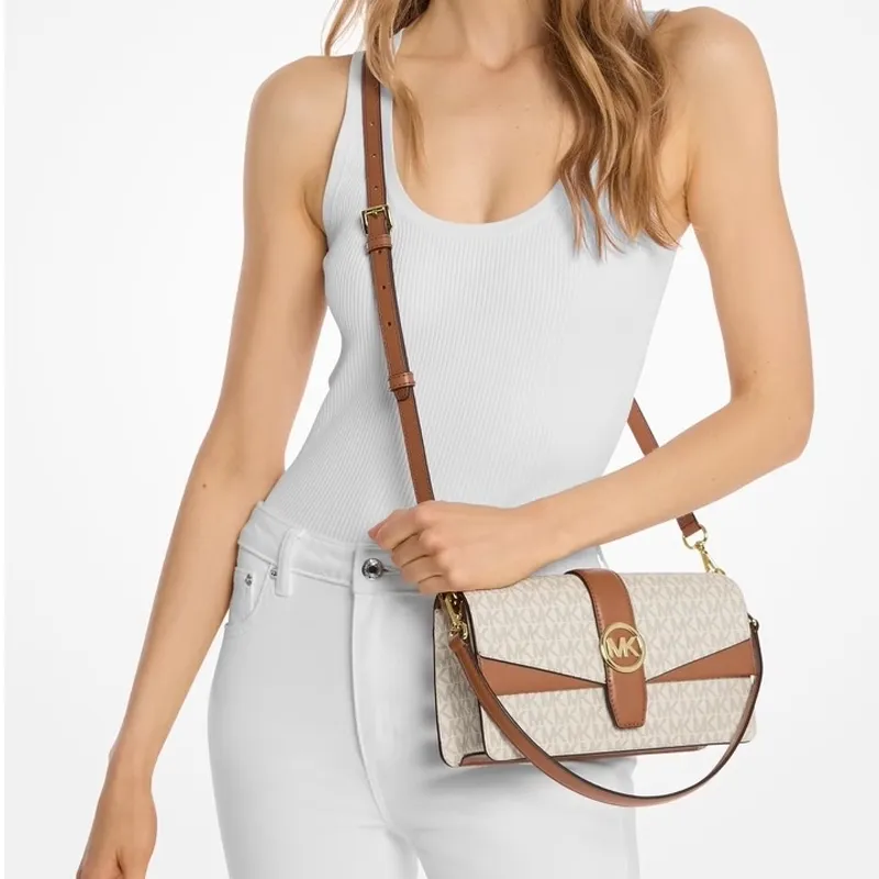 MICHAEL KORS Greenwich Artificial Leather Shoulder Bag, Crossbody Bag Medium Size Women's Vanilla White & Acorn Brown-5