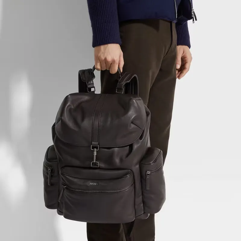 Zegna Calfskin Backpack Men's Dark Brown-4