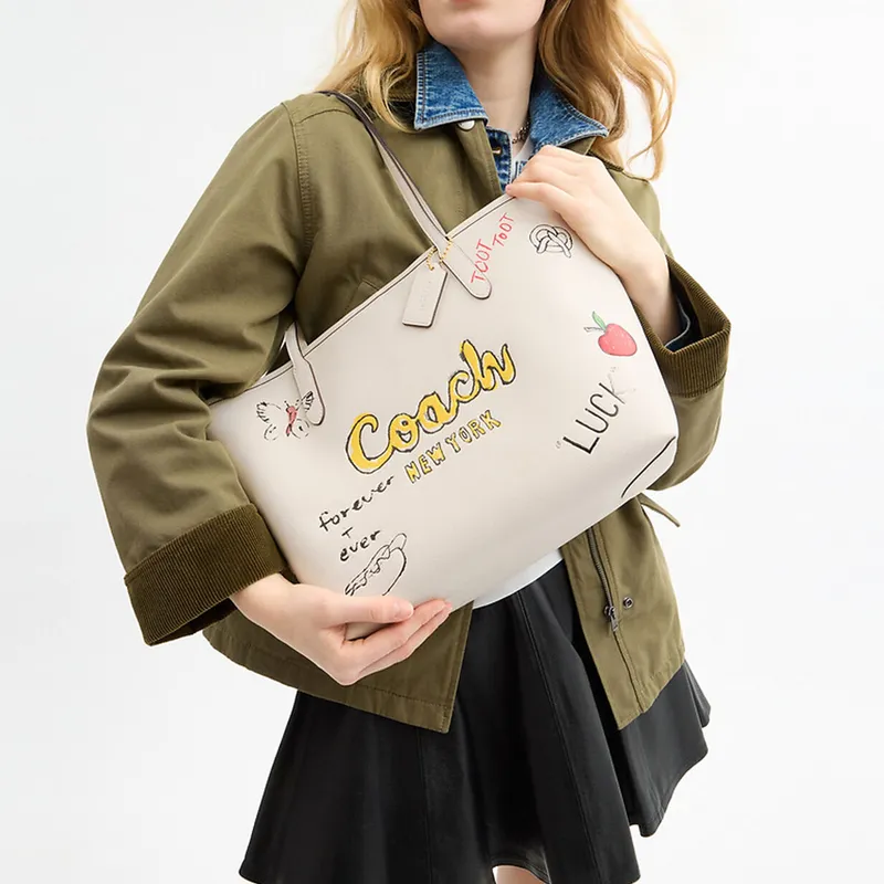 COACH City Cow Leather Tote Bag Shopping Bag Shoulder Bags Large Size Women's Chalk White-3