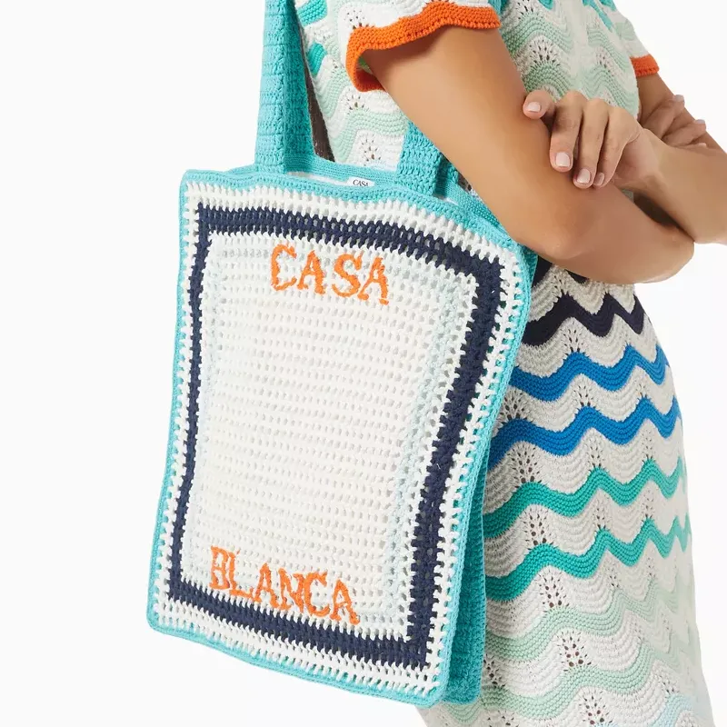 CASABLANCA Cotton Tote Bag, Shopping Bag, Handbag, Shoulder Bag Women's Ivory & Turquoise-4