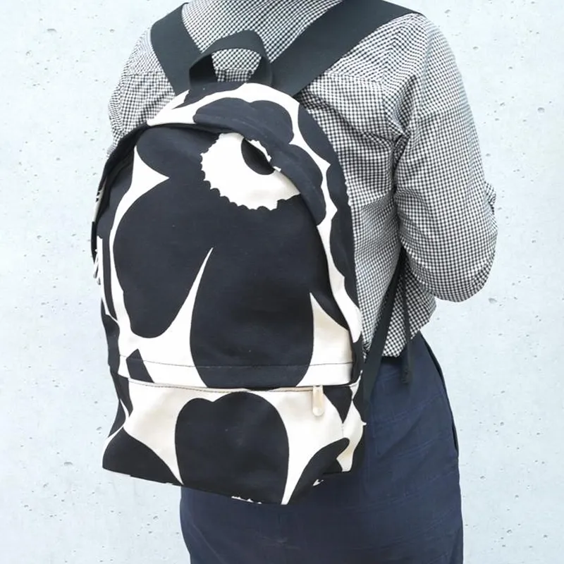 Marimekko Cotton Backpack Unisex Black & Gray White-5