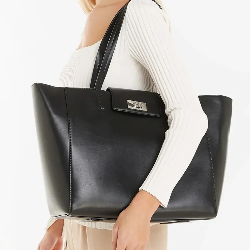 CALVIN KLEIN Recycled Polyester With Polyurethane Coating Tote Bag Shopping Bag Handbag Women's Black-3
