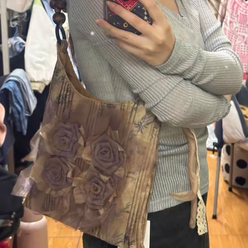 ALOENEY Silk Handbag, Shoulder Bag Small Size Women's Chinese Black/Grass Wood Color-8