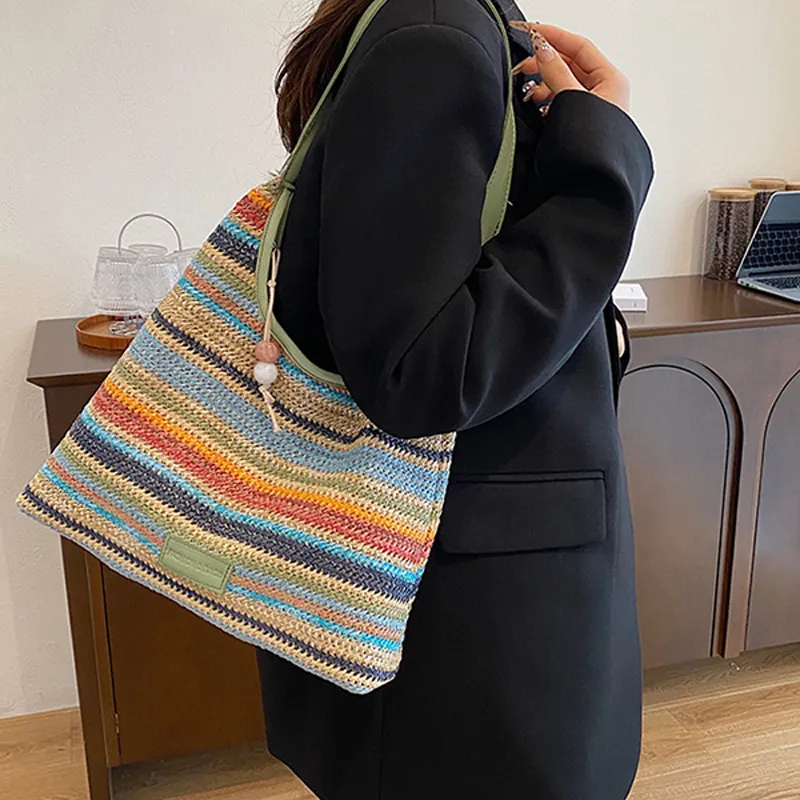 YZUE Straw Woven Shoulder Bag Regular Women's Multicolor-4