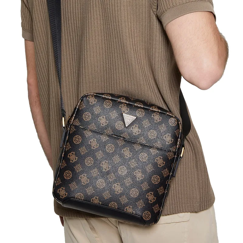 GUESS Litchi Grain Genuine Leather Shoulder Bag Crossbody Bag Men's Brown-4