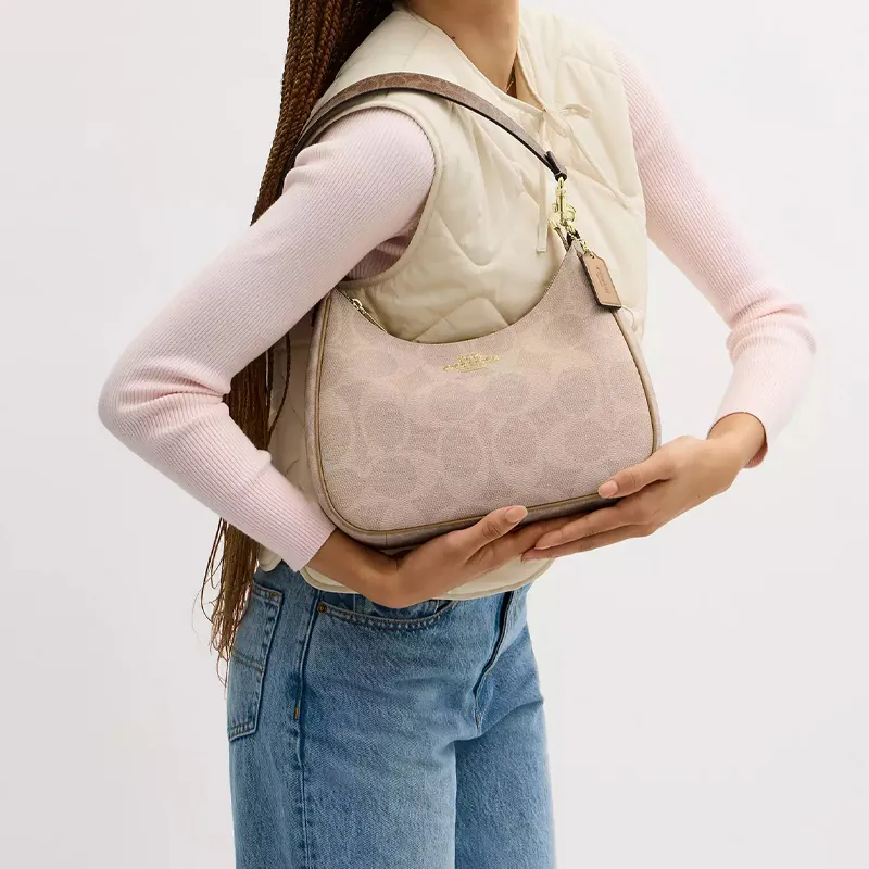 COACH Teri Coated Canvas Shoulder Bag Large Size Women's Gold Sand And Tan Color-3