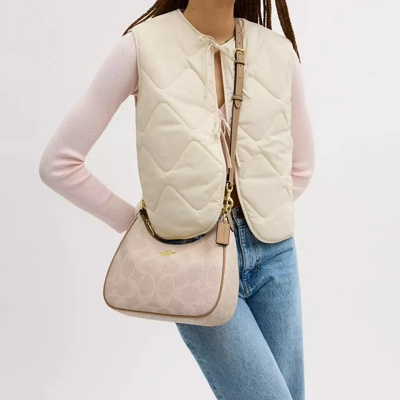 COACH Teri Coated Canvas Shoulder Bag Large Size Women's Gold Sand And Tan Color-4