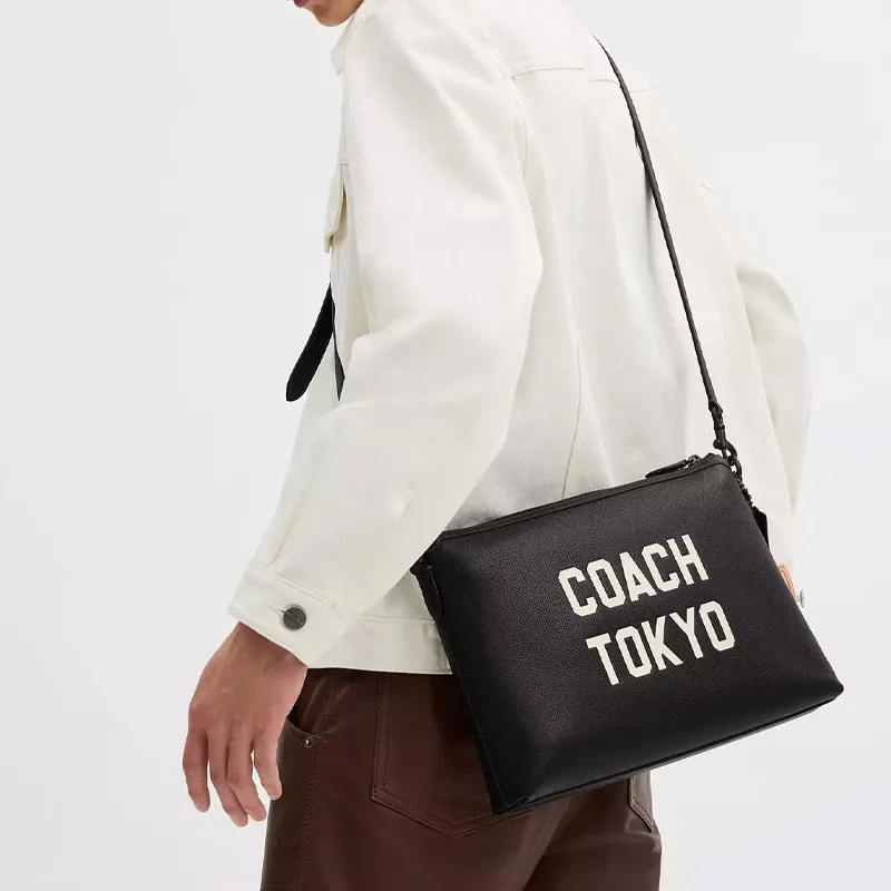 COACH Relay Polished Pebbled Leather Shoulder Bag Large Size Men's Black-3