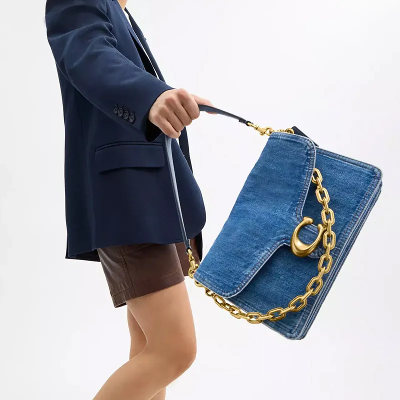 COACH Denim Shoulder Bag Tubas Women's Brass & Dark Blue-7