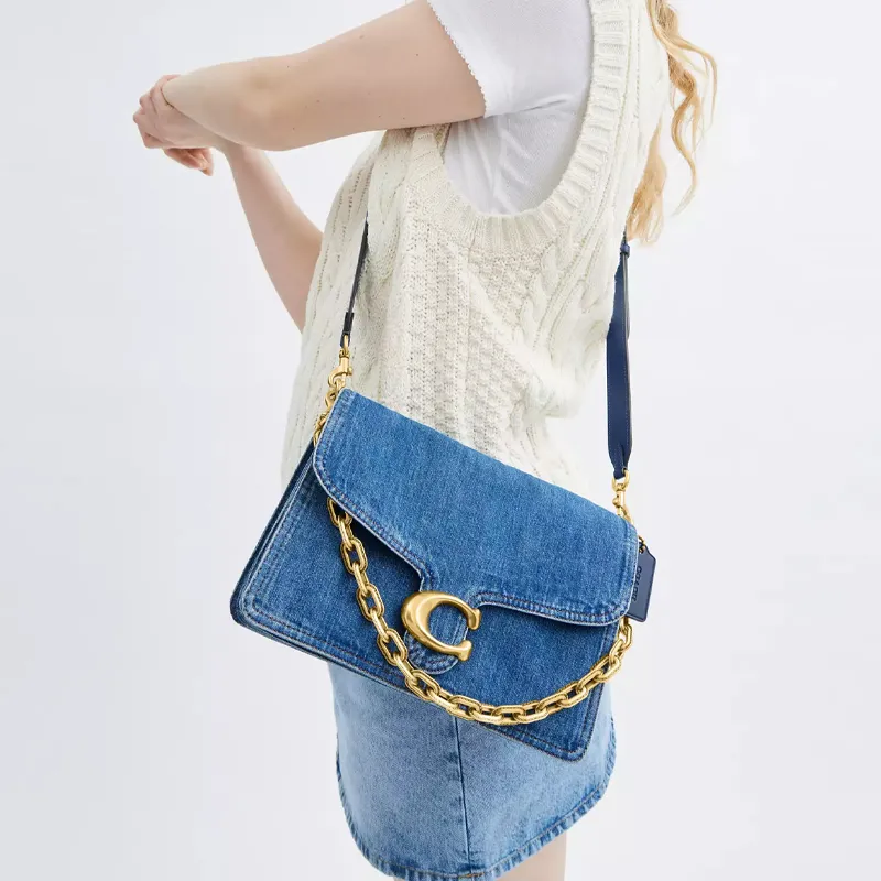 COACH Denim Shoulder Bag Tubas Women's Brass & Dark Blue-5