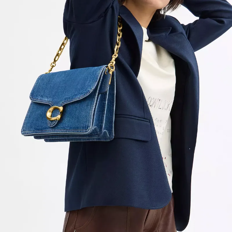 COACH Denim Shoulder Bag Tubas Women's Brass & Dark Blue-6