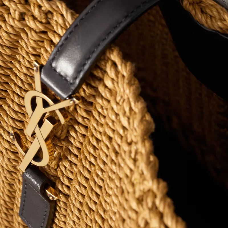 SAINT LAURENT Calfskin Bucket Bag, One Shoulder Handbag Women's Natural Brown & Black-7