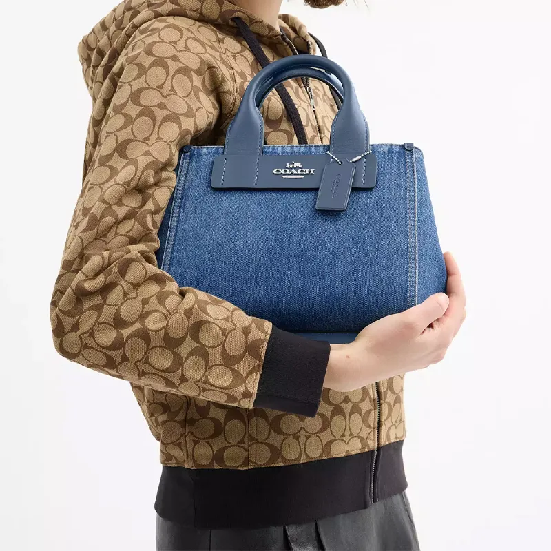 COACH CarlyCarryall Denim Tote Bag, Shopping Bag, Shoulder Bag, Handbag Medium Size Women's Silver & Indigo-3