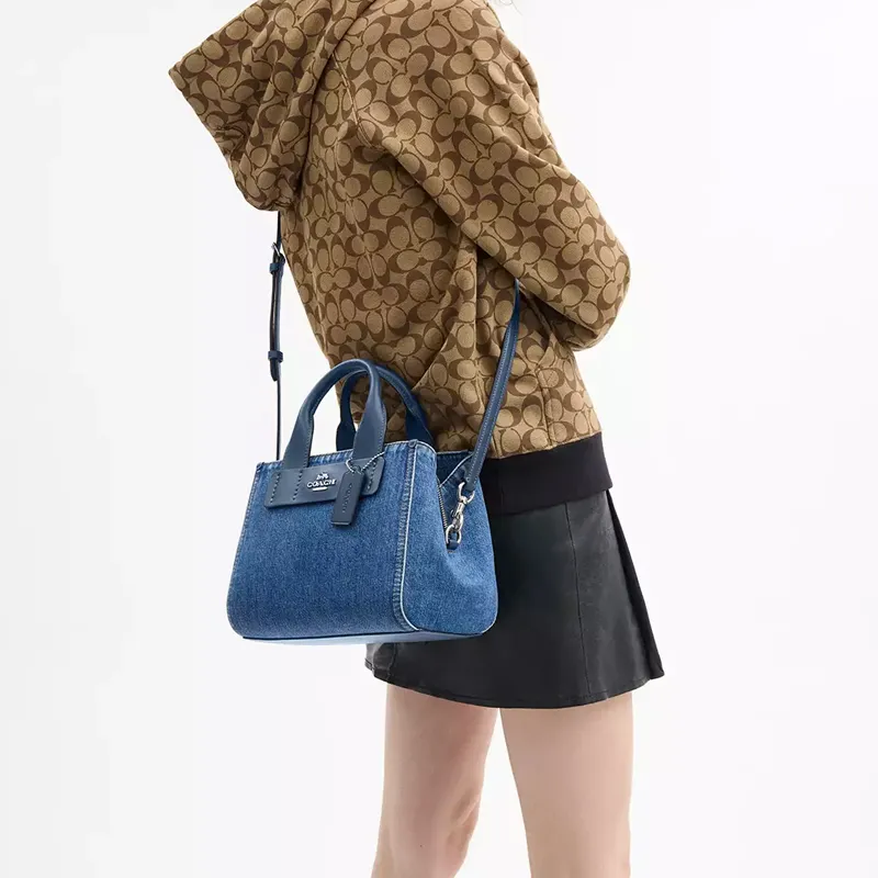 COACH CarlyCarryall Denim Tote Bag, Shopping Bag, Shoulder Bag, Handbag Medium Size Women's Silver & Indigo-4