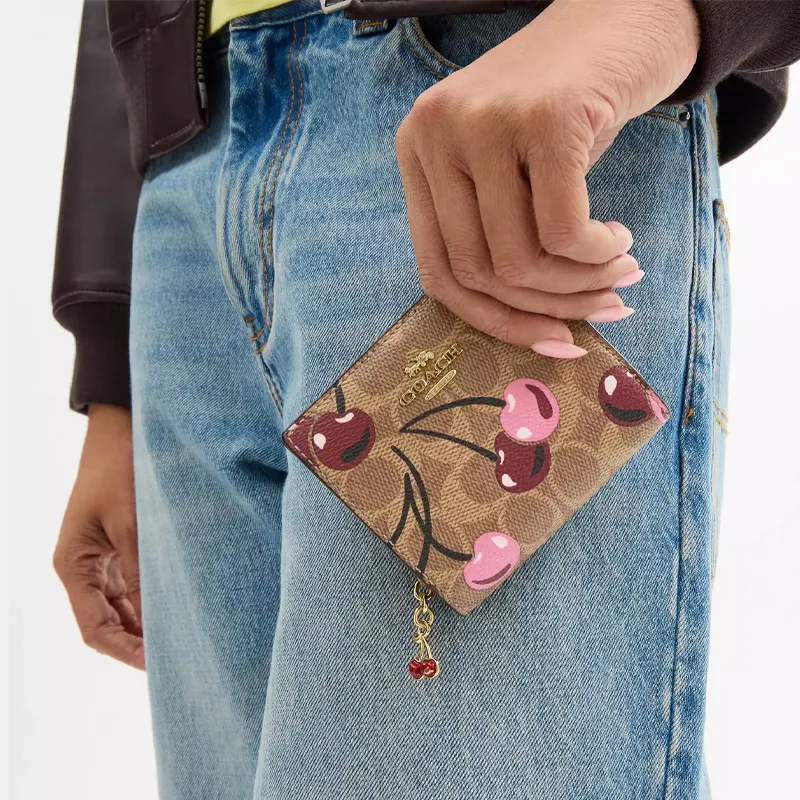 COACH Snap Wallet Signature Coated Canvas Wallet Mini Women's Tan & Multicolor-4