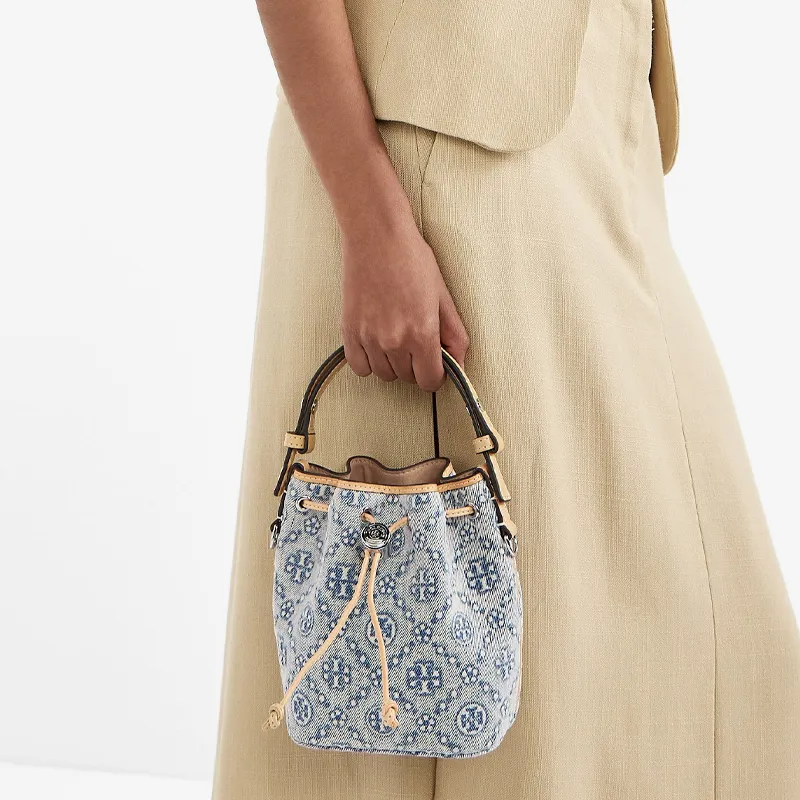 TORY BURCH T Monogram Denim Mini Bucket Bag Powder Blue-4