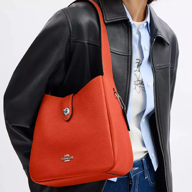 COACH Hadley Leather Shoulder Bag Medium Size Women's Silver & Deep Orange-3