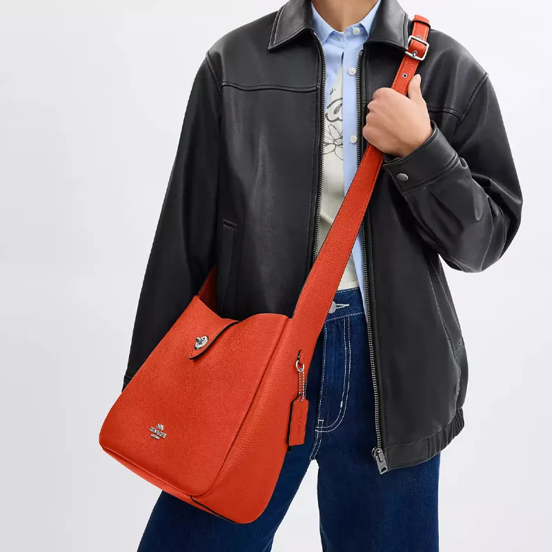 COACH Hadley Leather Shoulder Bag Medium Size Women's Silver & Deep Orange-4