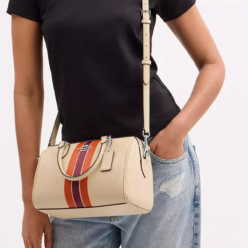 COACH Rowan Leather One Shoulder Handbag Medium Size Women's Silver With Ivory Multicolor-6