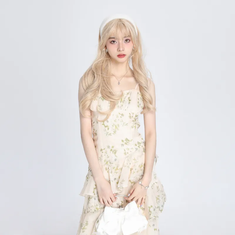 Vine Color Slip Dresses Women's Green Floral-11