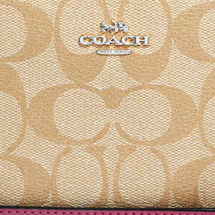 COACH Zip Around Coated Canvas With Smooth Leather Coin Purse Handheld Wallet Small Size Women's Light Khaki-1