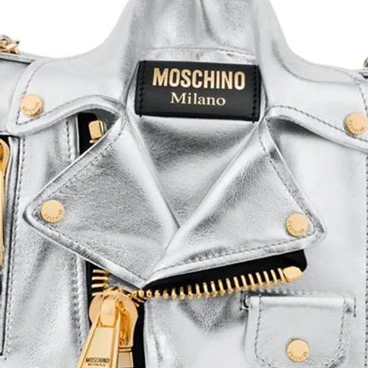 MOSCHINO Layered Nappa Leather Biker Bag Crossbody Shoulder Bag Women's Silver-3