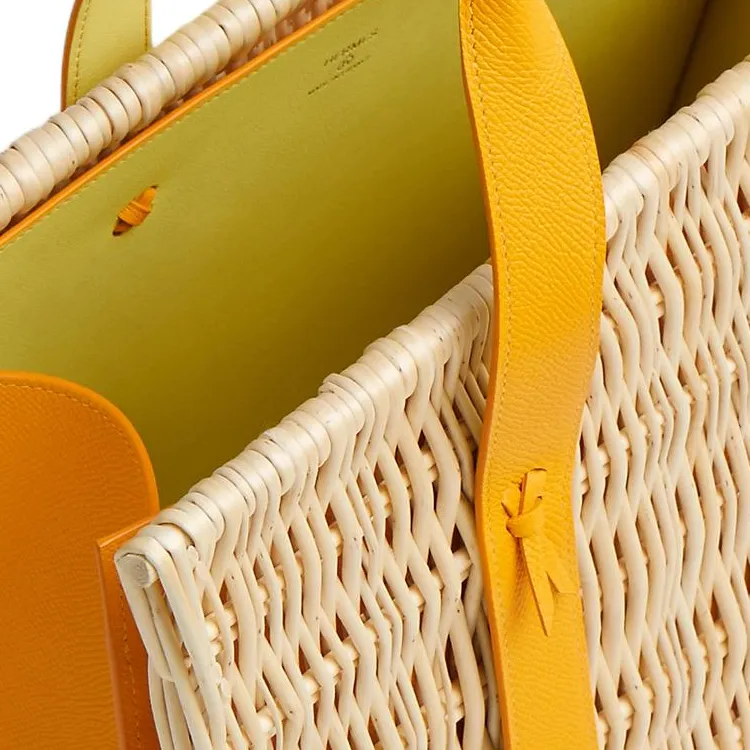 HERMES Wicker Basket Calfskin Handbag Women's Beige & Yellow-2