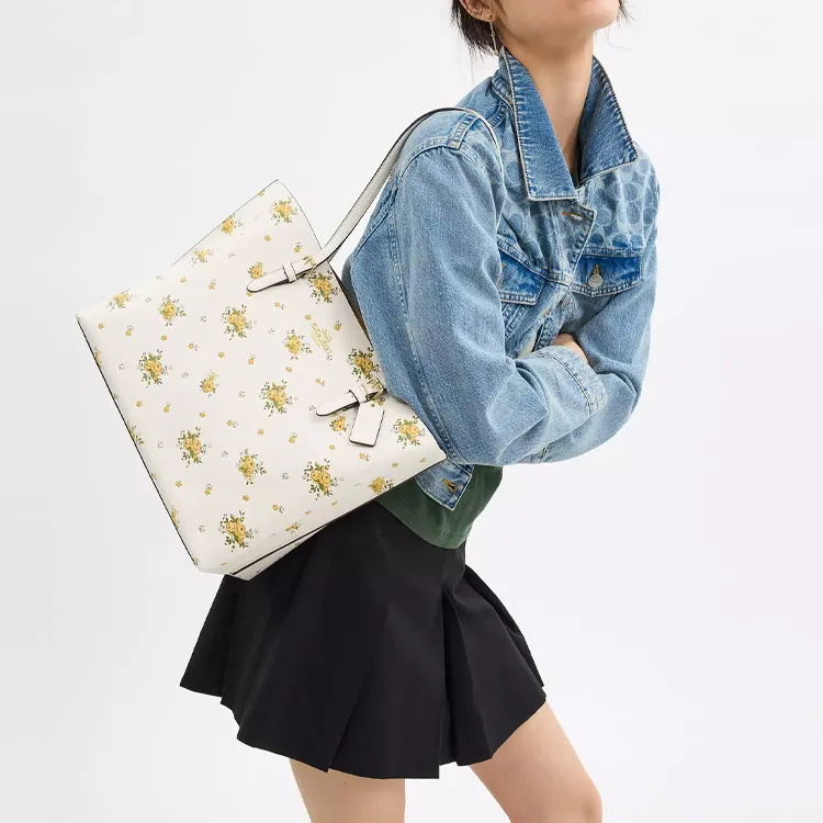 COACH Mollie Double Sided Pebbled Leather Tote Bag, Shopping Bag, Shoulder Bag Tubas Women's Beige & Yellow-5