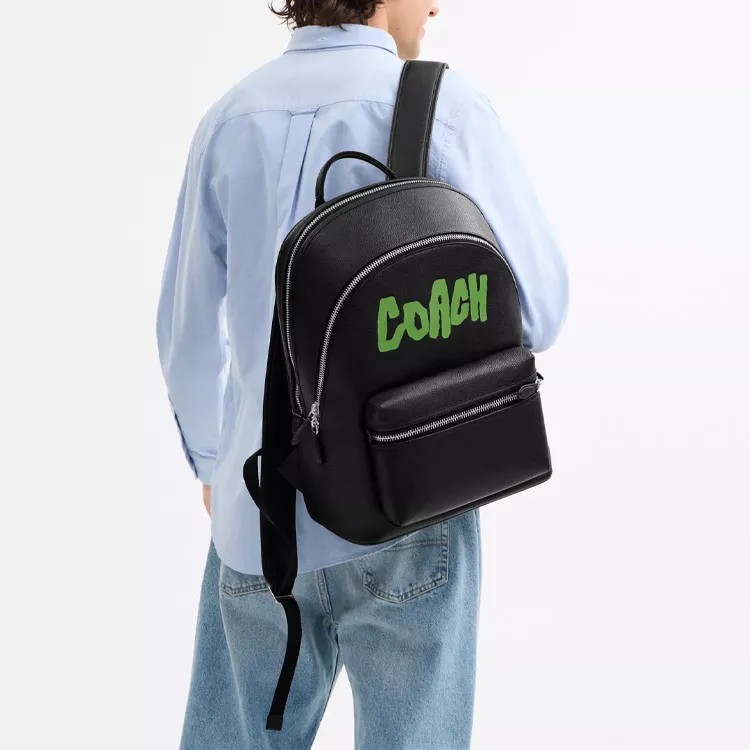 COACH Charter Polished Pebble Grain Leather Backpack Tubas Unisex Black & Green-5