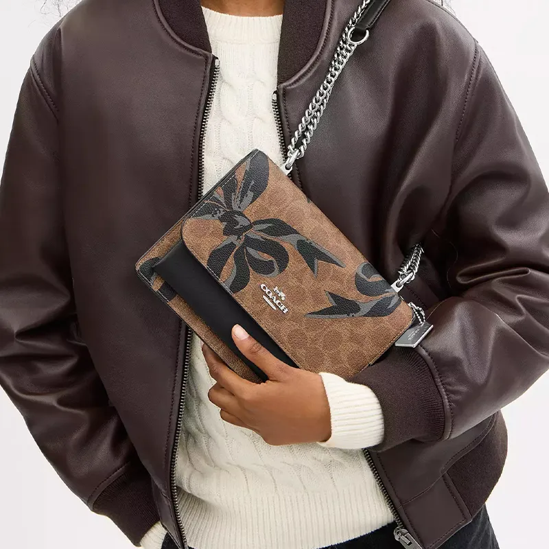 COACH Klare Coated Canvas Crossbody Bag Shoulder Bag Small Size Women's Tan & Black Multicolor-4