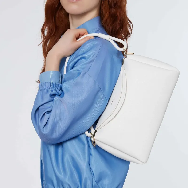 COCCINELLE Cow Leather Patchwork With Fabric Crossbody Handbag Shoulder Bag Large Size Women's Bright White-4