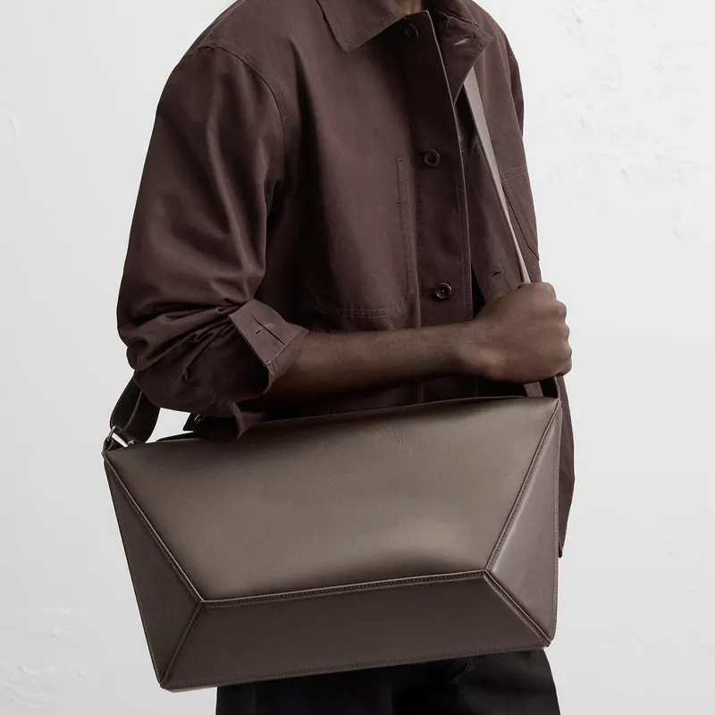 ZARA Cow Leather Crossbody Bag Large Size Men's Brown-4