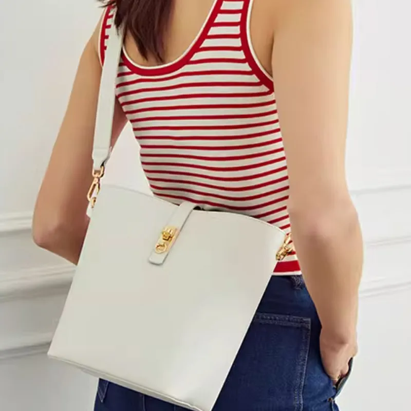 ELLE Cow Leather Bucket Bag Crossbody Handbag Shoulder Bag Women's White/Tan-3