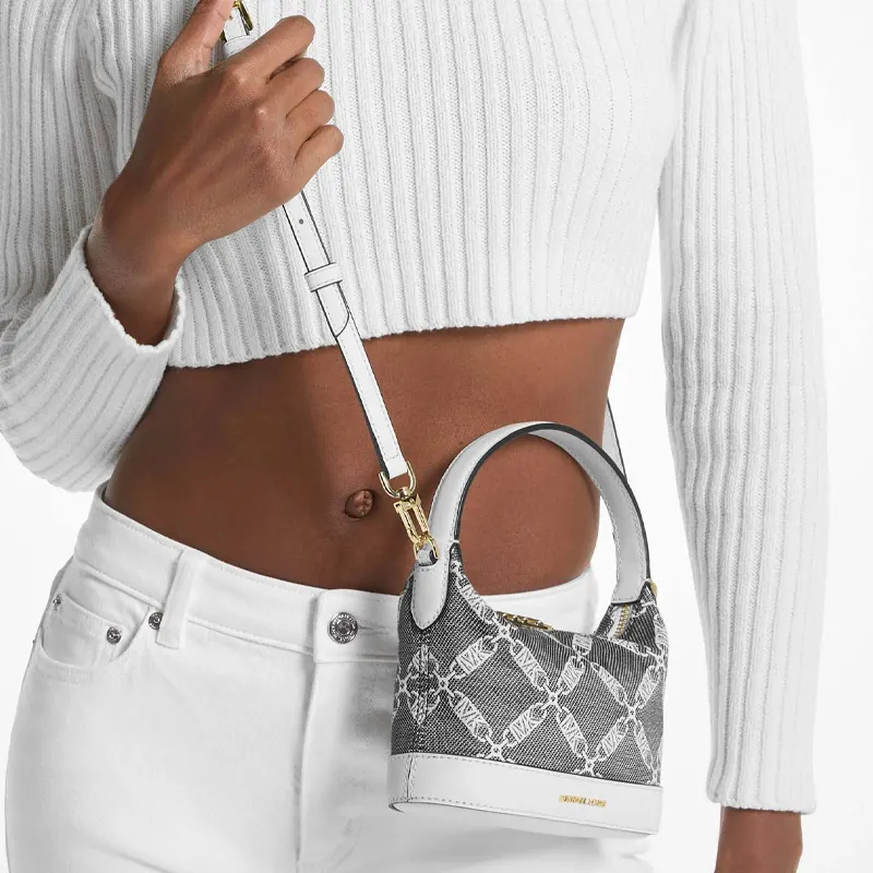 MICHAEL KORS Fabric Bonded Split Cow Leather Handbag Shoulder Bag Crossbody Bag Small Size Women's Black & White-4