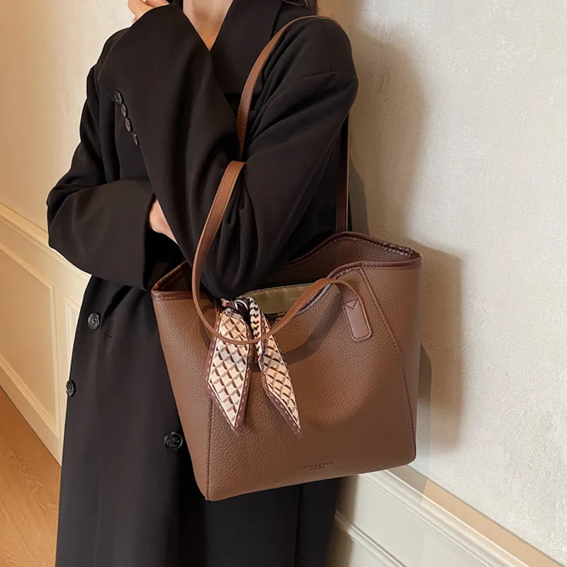 SWIMADE PU Tote Shoulder Bag Women's Black/Coffee-5
