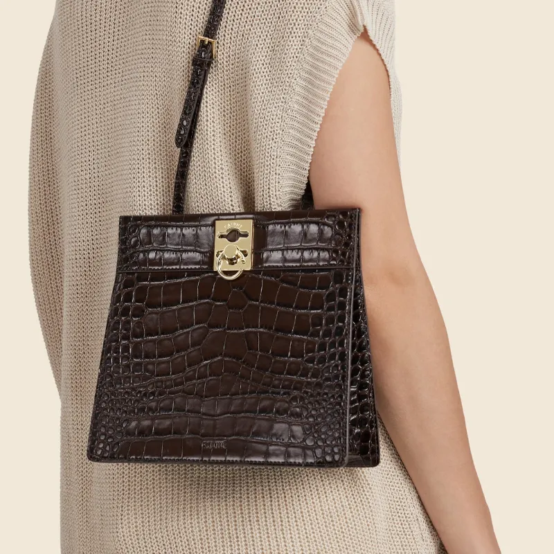 CAFUNE Crocodile Pattern Cow Leather Crossbody Bag Shoulder Bag Women's Mahogany-3
