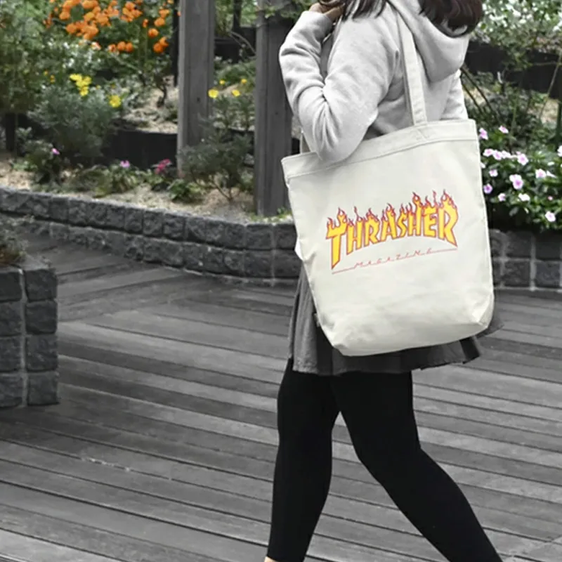 Thrasher Cotton Tote Bag Shoulder Bag Unisex White-4
