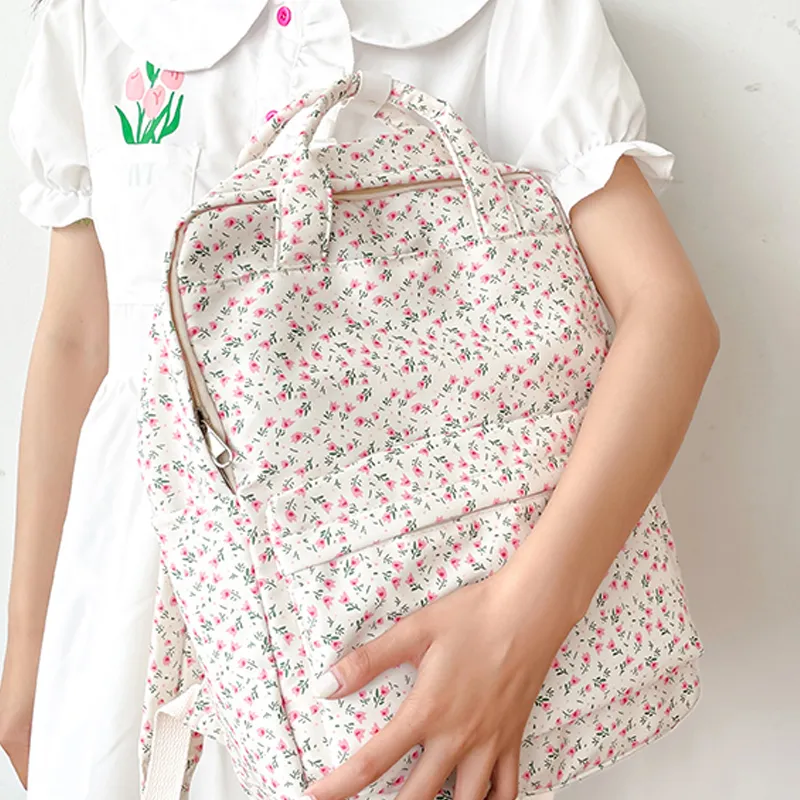 H YXIANG Canvas Backpack Unisex Beige Floral-1