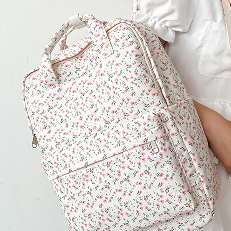 H YXIANG Canvas Backpack Unisex Beige Floral-2