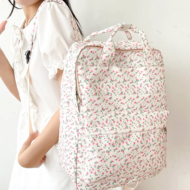 H YXIANG Canvas Backpack Unisex Beige Floral-3