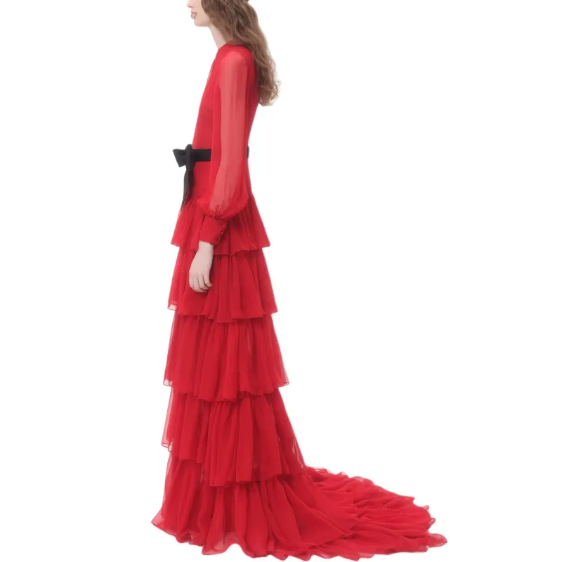Valentino Long Sleeved Dress Women's Red-4