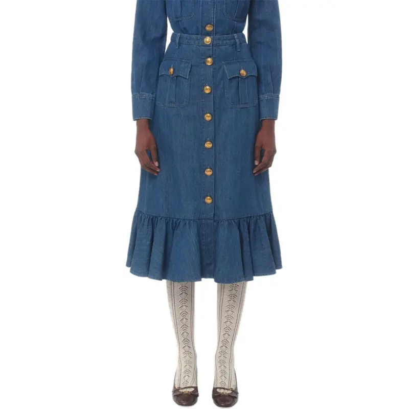 Valentino Button Detailed Flared Hem Denim Skirt-1