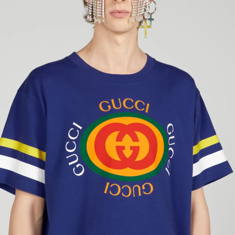 GUCCI Logo Print Crew Neck Pullover Short Sleeved T Shirt Men's Blue-3