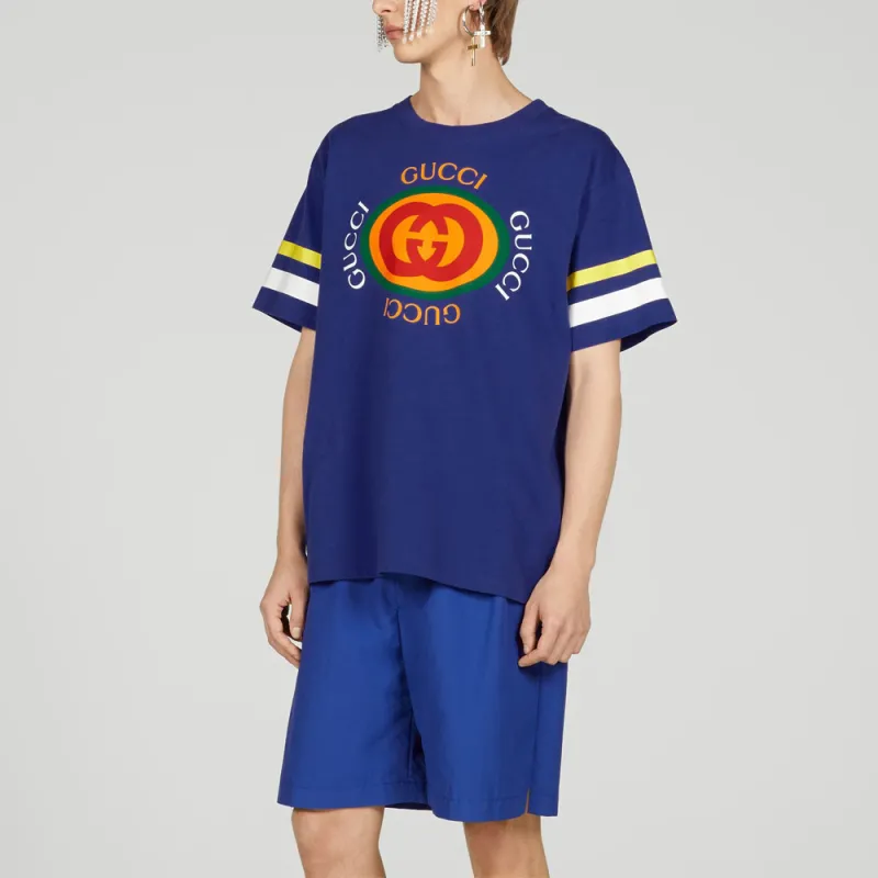 GUCCI Logo Print Crew Neck Pullover Short Sleeved T Shirt Men's Blue-1