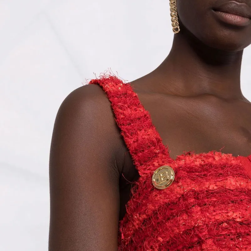 BALMAIN Cropped Zipped Tweed Strap Top 'Rouge'-2