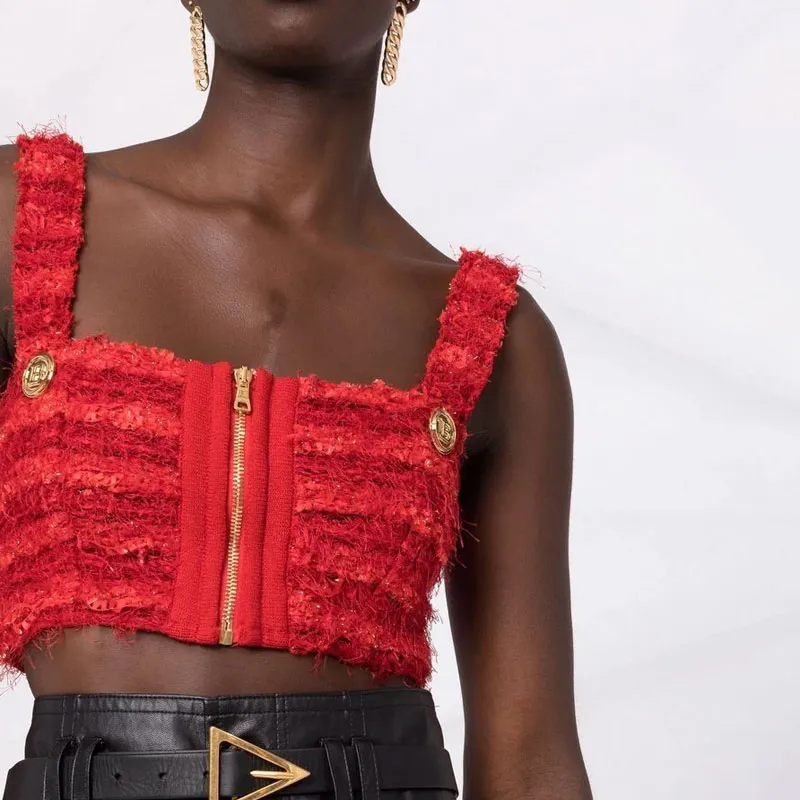 BALMAIN Cropped Zipped Tweed Strap Top 'Rouge'-3